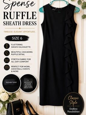 Spense Black Sleeveless Ruffle Sheath Dress